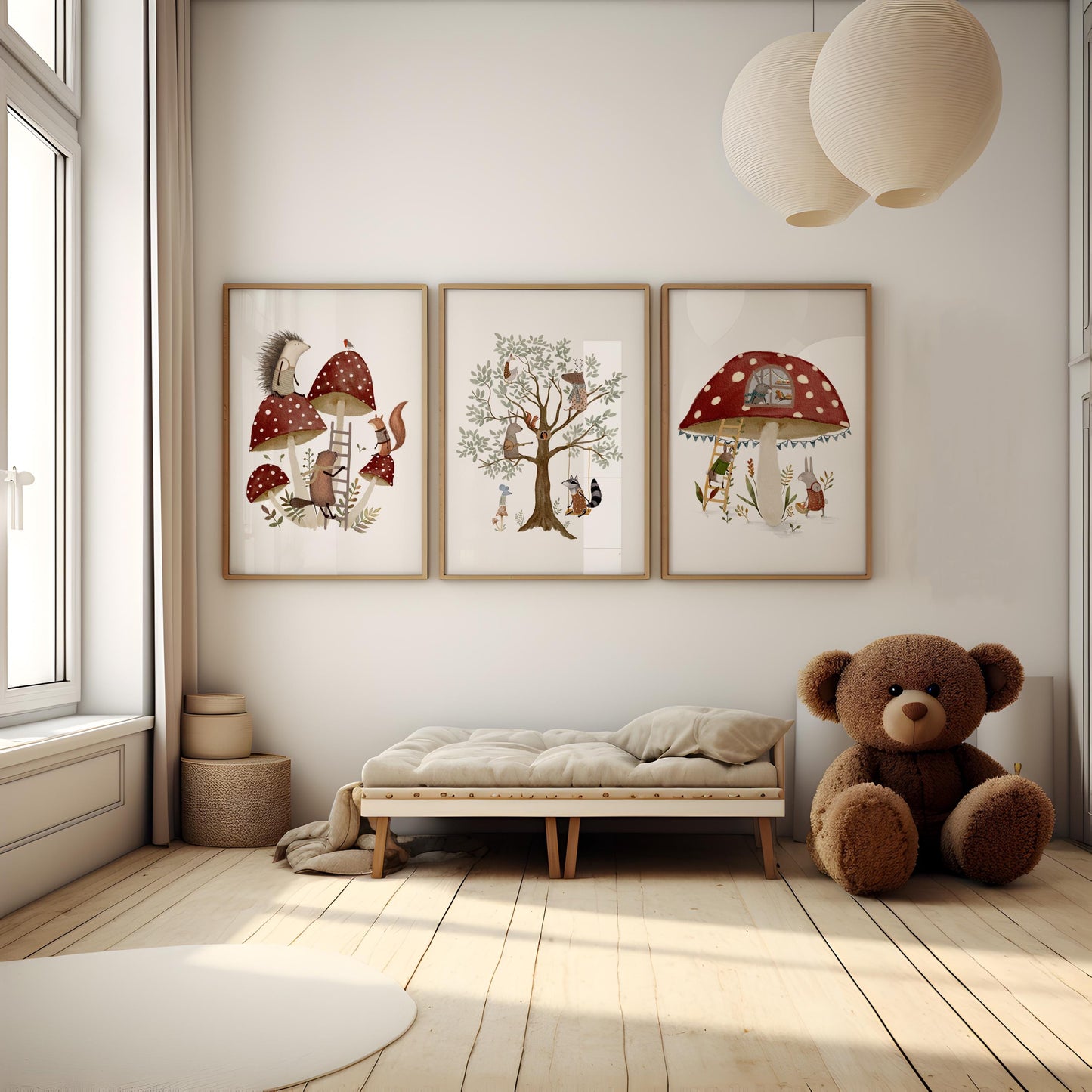 Rustic nature-inspired wall decor for children's bedroom — three-piece art set showcases a storybook mushroom theme full of warmth and charm.