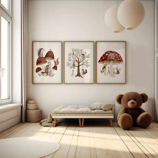 Rustic nature-inspired wall decor for children's bedroom — three-piece art set showcases a storybook mushroom theme full of warmth and charm.