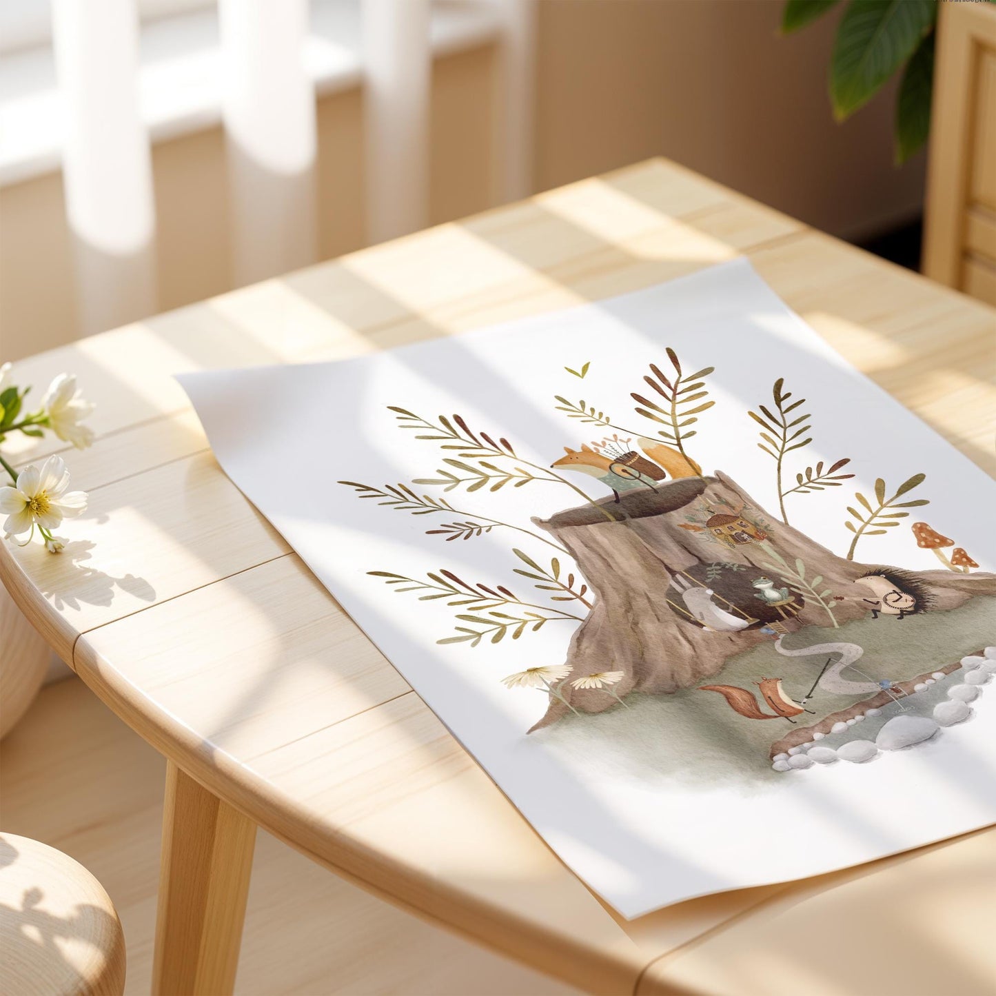 Woodland Nursery Art | Forest Animal Print & Tree Stump Illustration for Kids Room