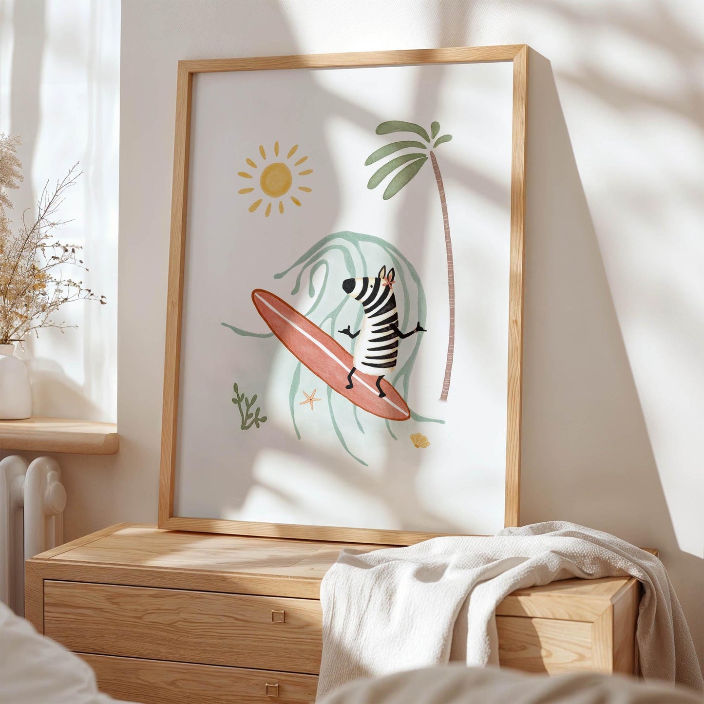 Surfing Zebra Art – Tropical Nursery Decor | Kids Beach Room Wall Print