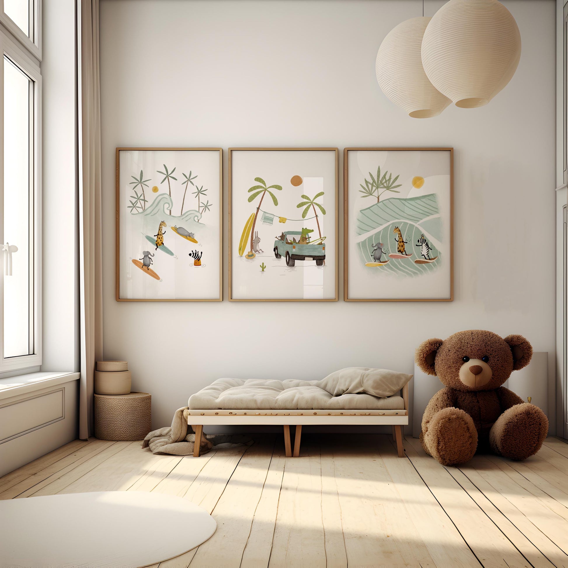 Coastal lifestyle art prints set for nursery — whimsical beach imagery with tropical elements, ideal for children's wall decoration.