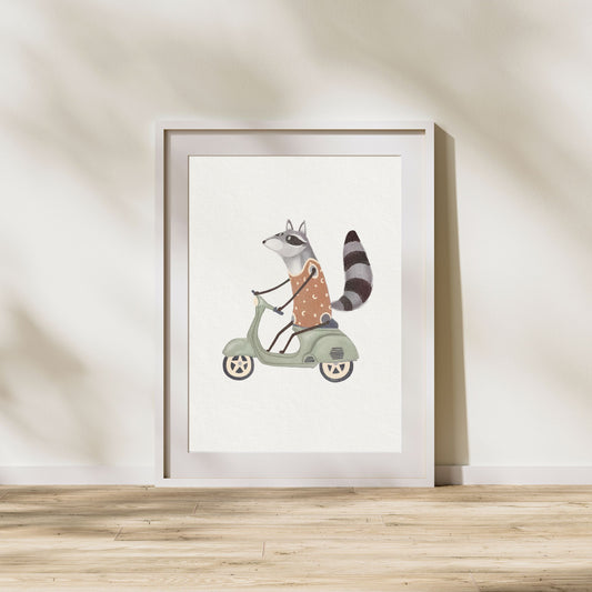 Racoon Scooter Print, Illustration For Children's Room