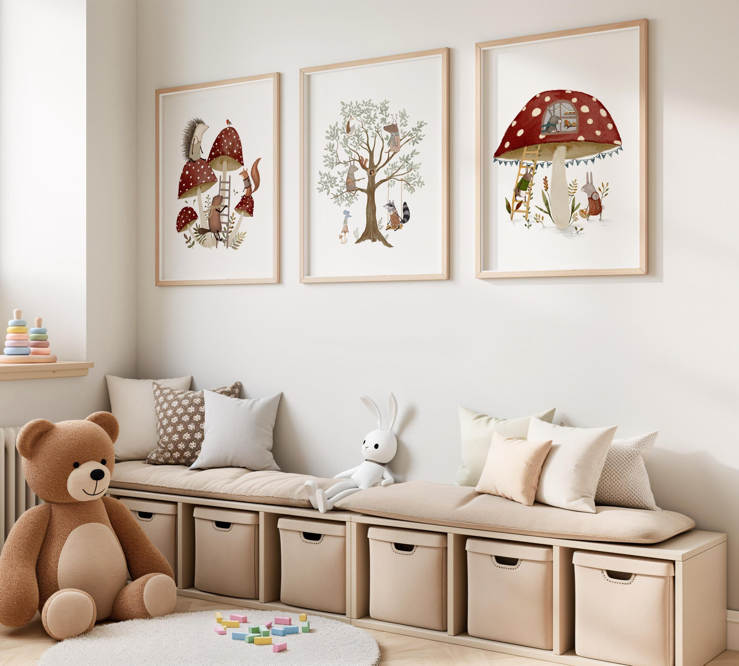 Whimsical animal artwork bundle for kids' room — lovely hand-painted prints feature red-capped toadstools and delightful forest friends.