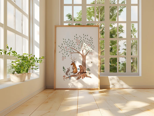 Woodland Nursery Art - Forest Animal Print | Neutral Nursery Decor, Whimsical Tree Illustration
