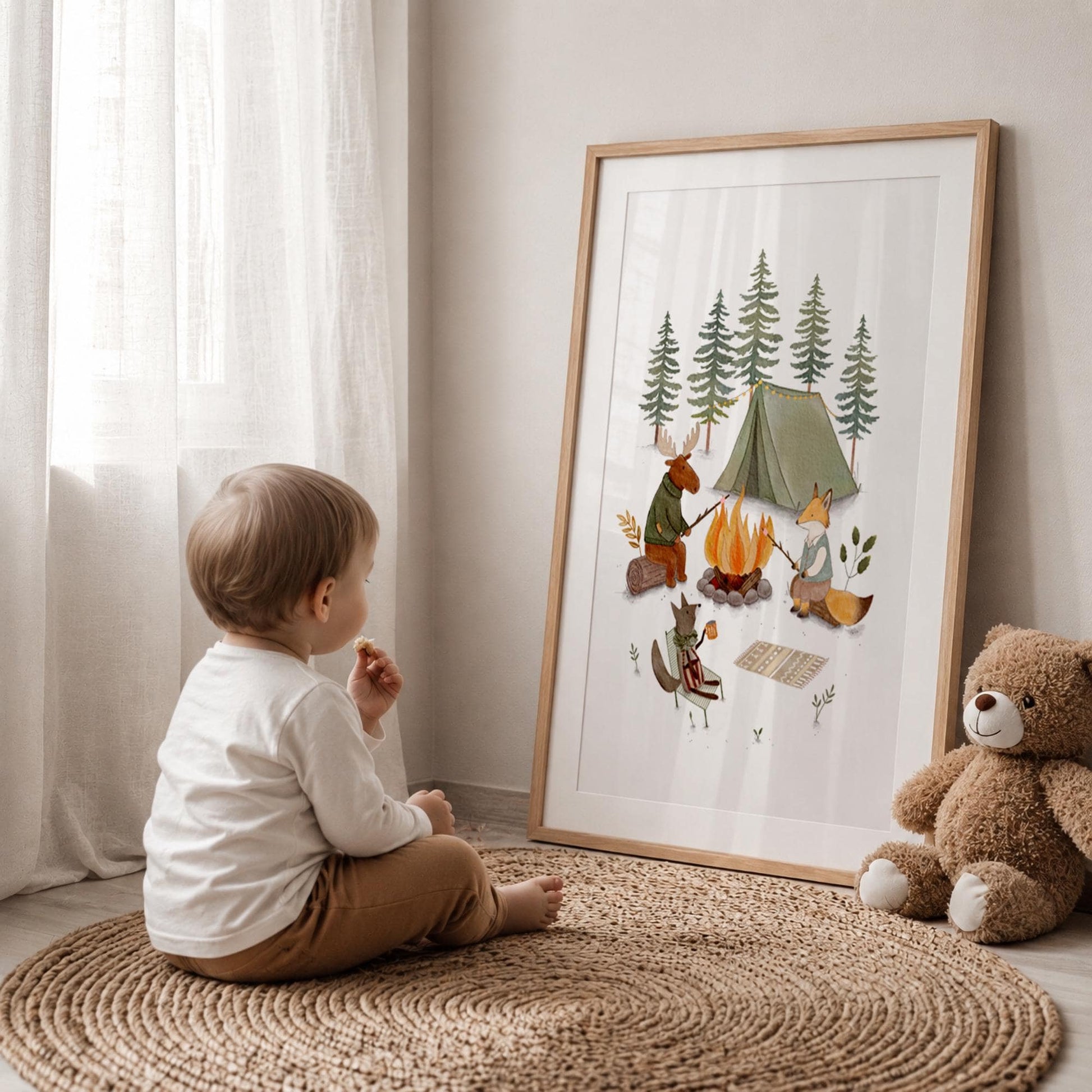 Storybook campfire art for nursery wall — whimsical woodland gathering with cozy tent, soft colors, and playful forest atmosphere