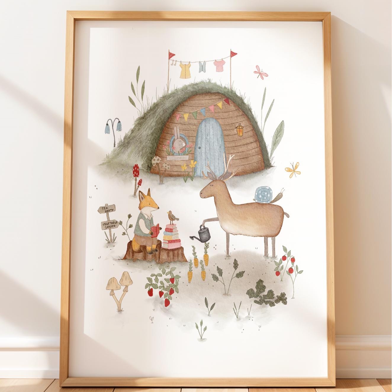 Forest home poster for toddler room — cozy grass-roofed burrow with gathered animals and tiny flowers in sweet, calming illustration style