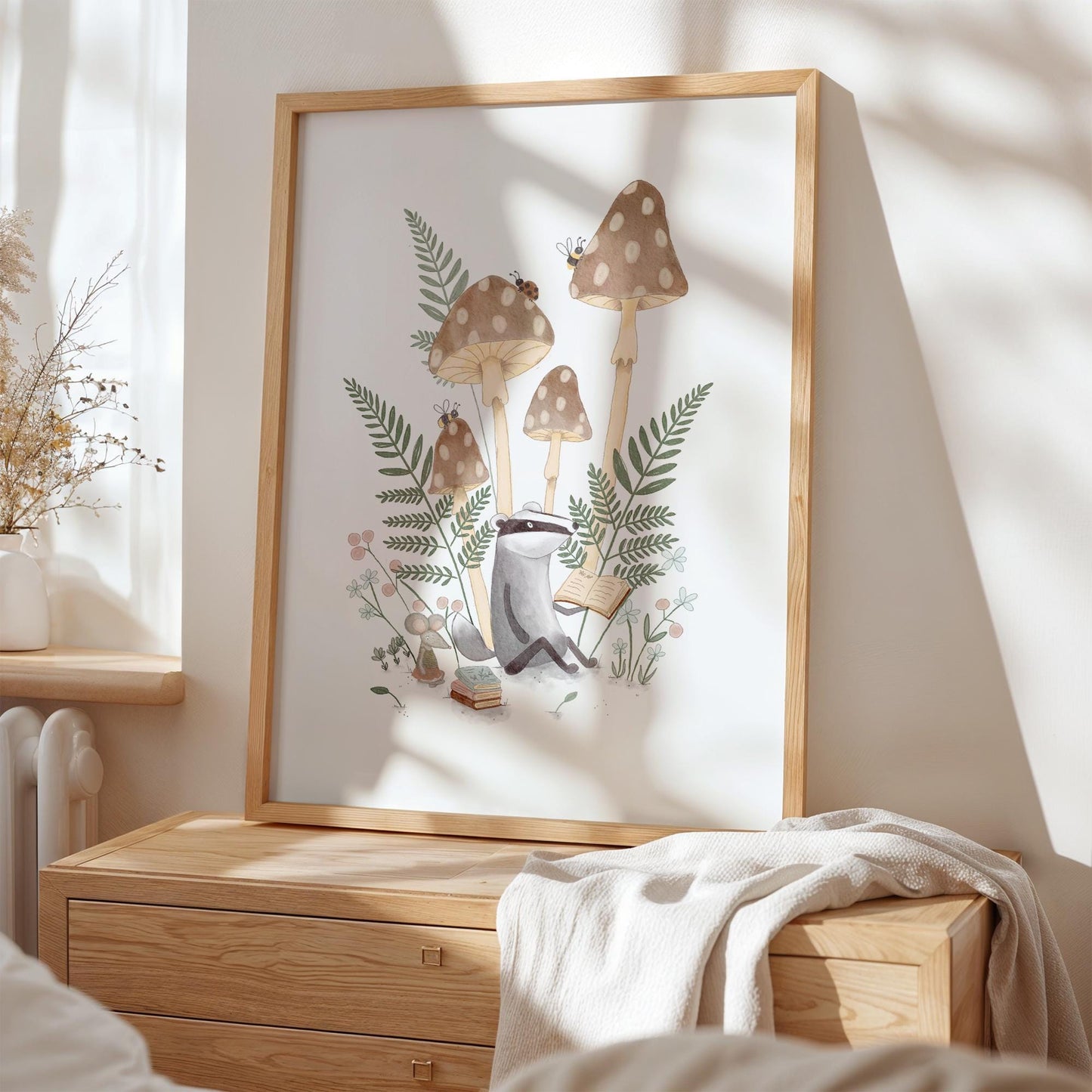 Nursery Art Print – Whimsical Mushroom Art with Cute Badger & Mouse Illustration