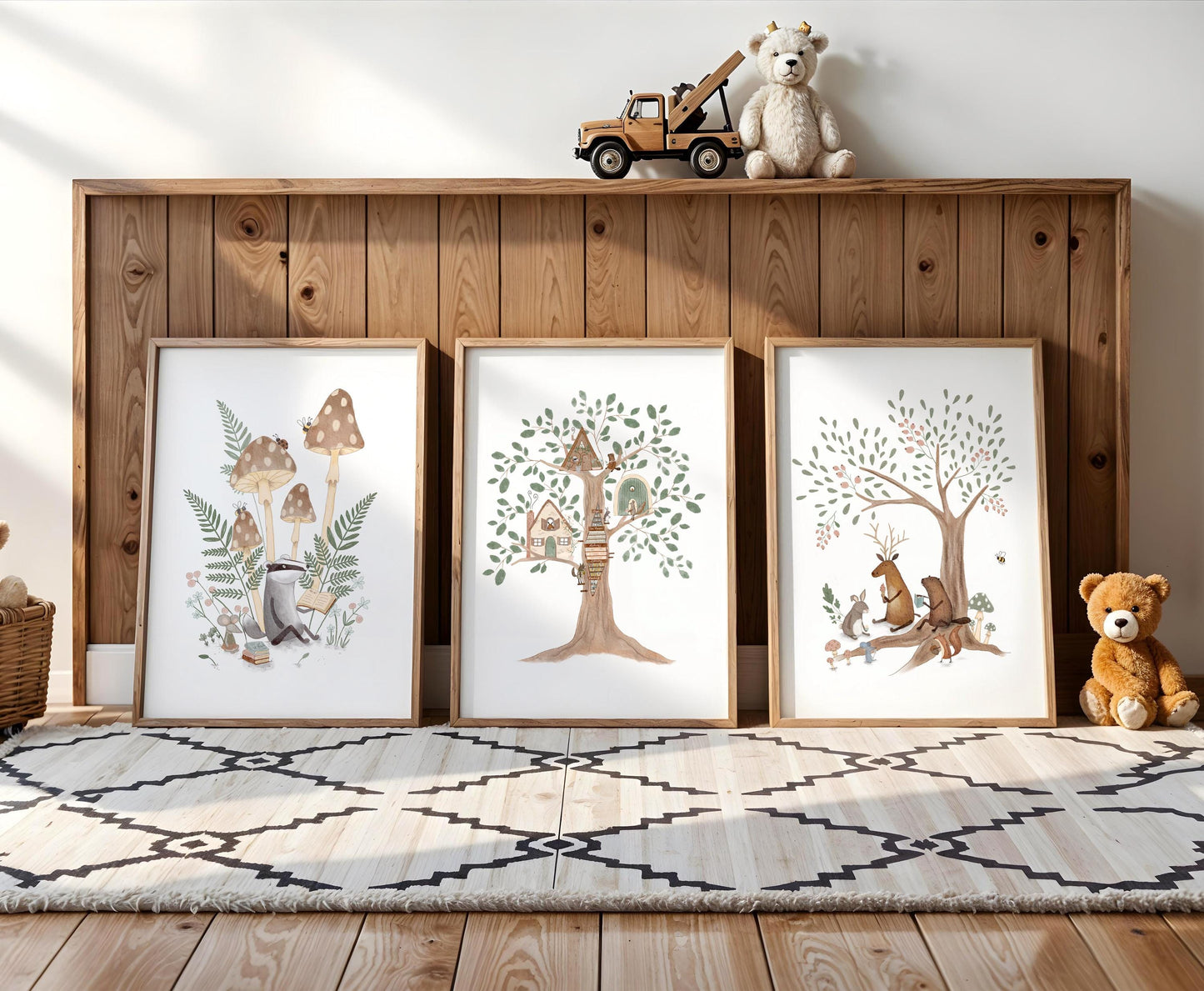 Cozy woodland art collection for children's bedroom — lovely nature-inspired prints showcasing wild mushrooms and resting foxes in muted pastels.