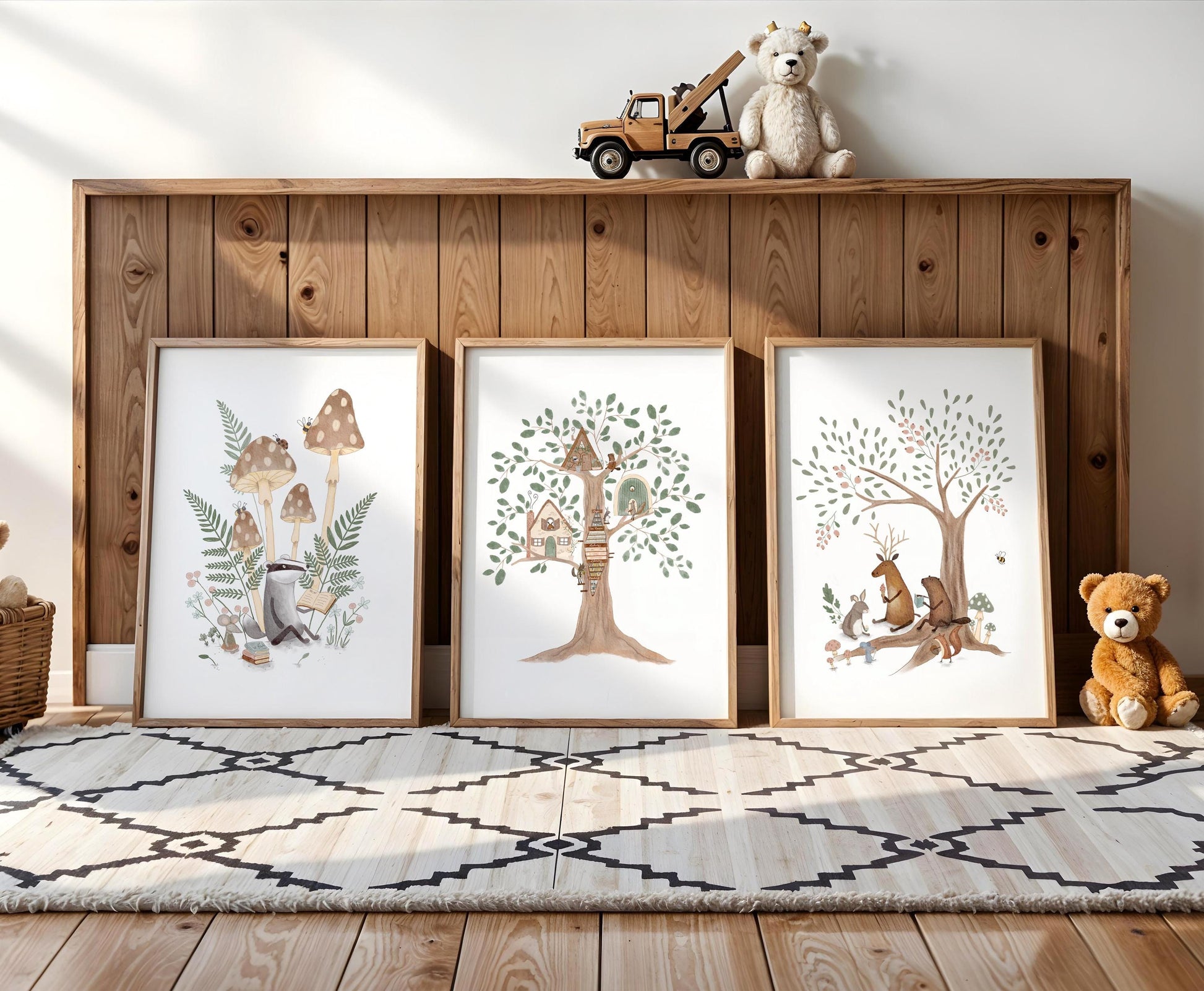 Cozy woodland art collection for children's bedroom — lovely nature-inspired prints showcasing wild mushrooms and resting foxes in muted pastels.