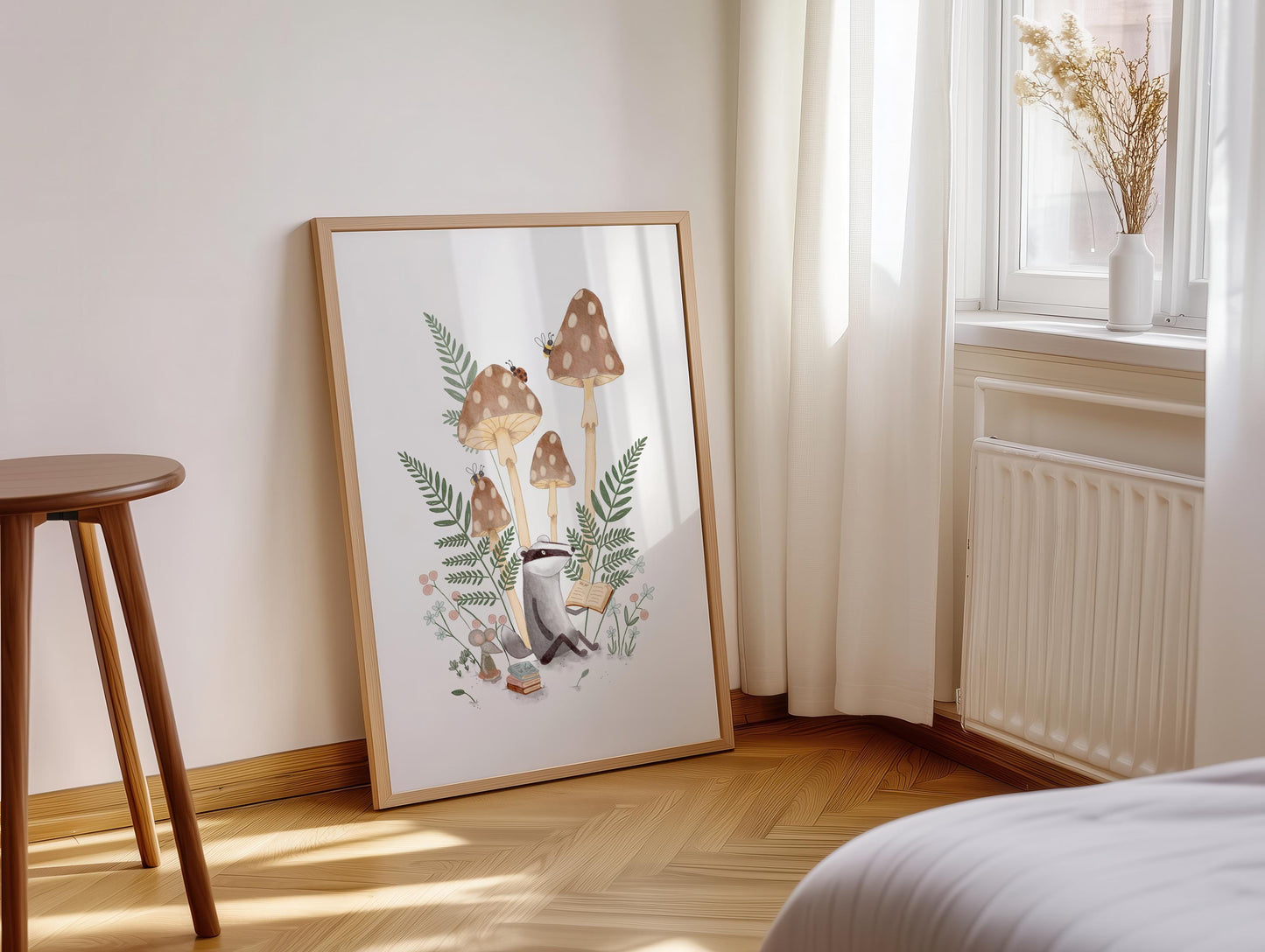 Nursery Art Print – Whimsical Mushroom Art with Cute Badger & Mouse Illustration