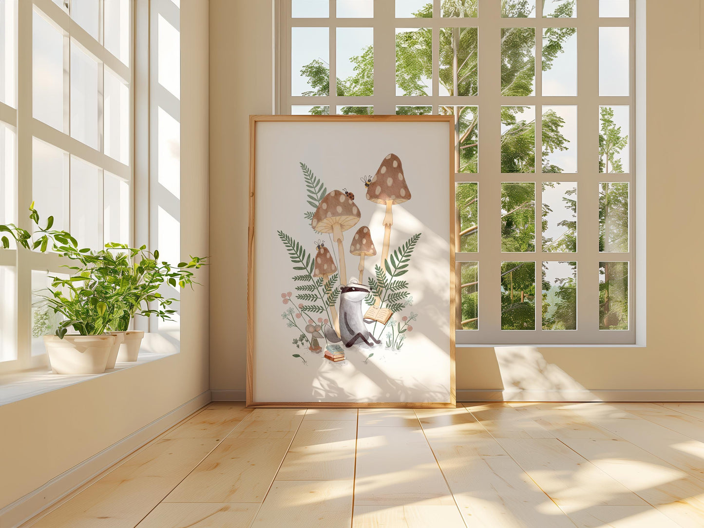 Woodland nursery print with badger reading and mushrooms