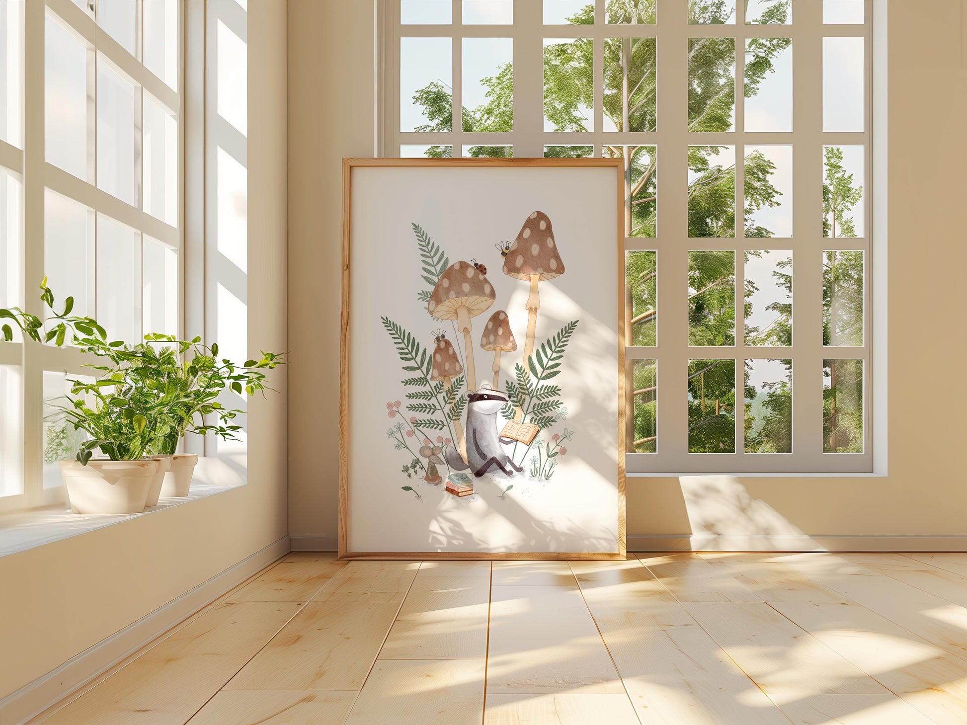 Woodland nursery print with badger reading and mushrooms