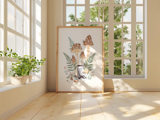 Woodland nursery print with badger reading and mushrooms