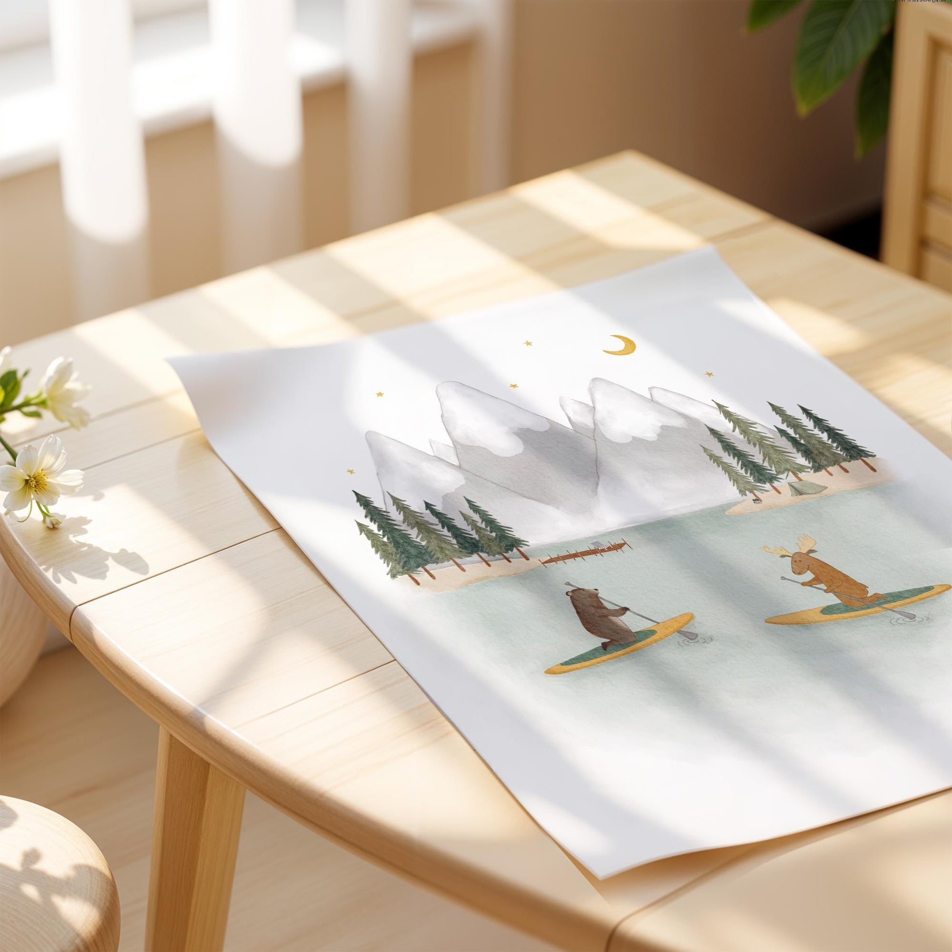 Bear and rabbit paddleboarding wall art for nursery — soft watercolor woodland animals on serene lake with mountains