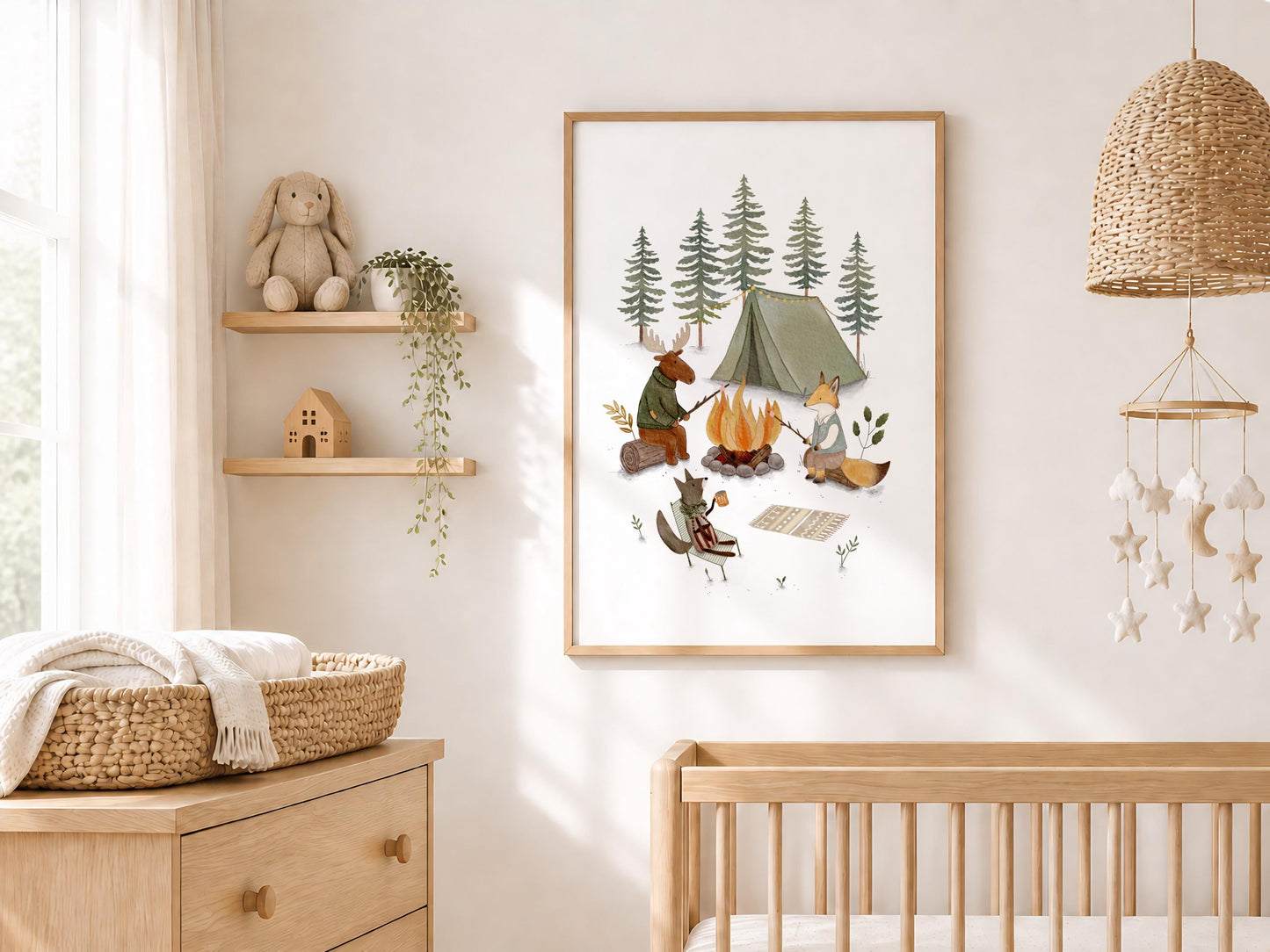 Campfire gathering printable art for kids room — adorable forest animals illustration with tent and pine trees in rust and olive green