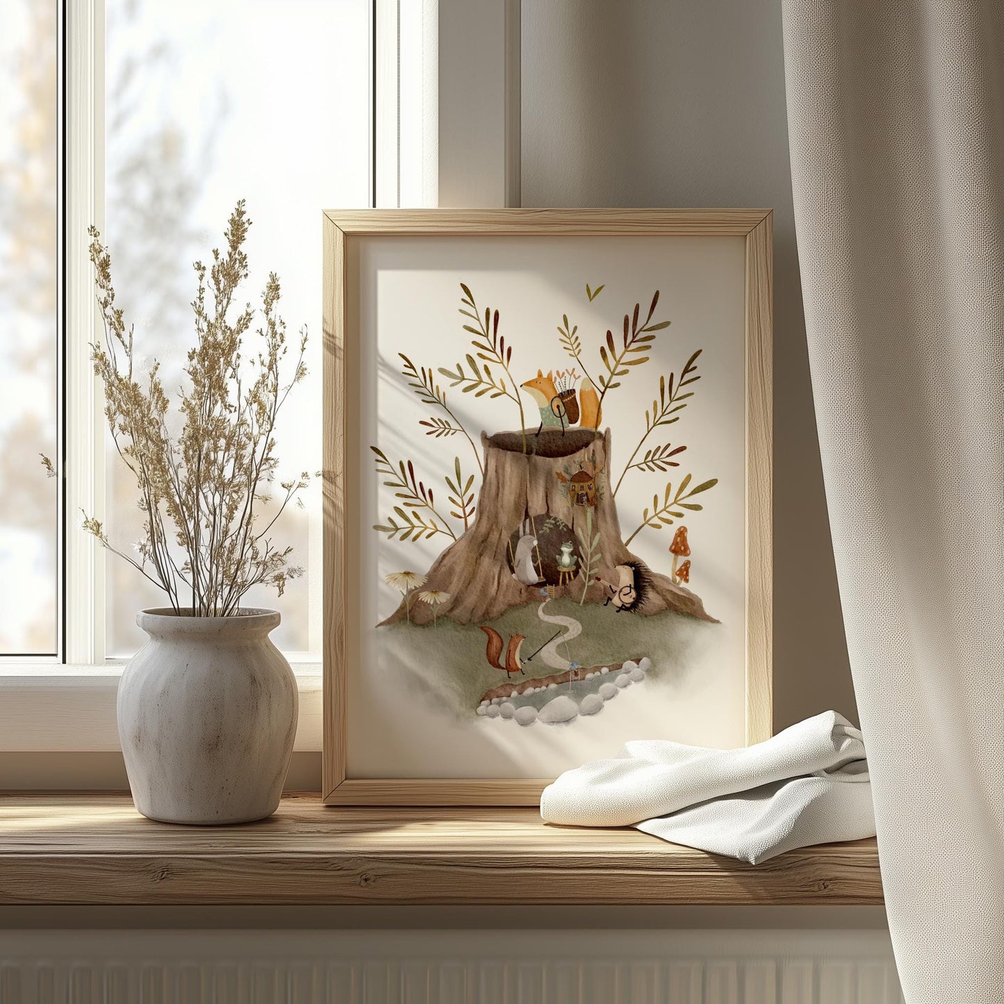 Woodland Nursery Art | Forest Animal Print & Tree Stump Illustration for Kids Room
