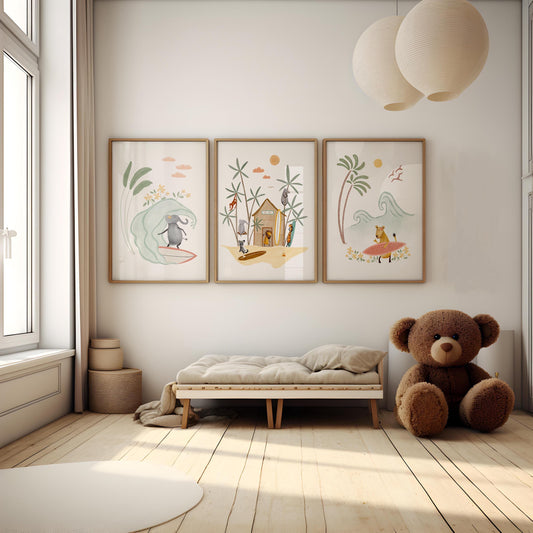 Surf Nursery Art Prints – Set of 3 Hand-Painted Beach Nursery Decor for Kids