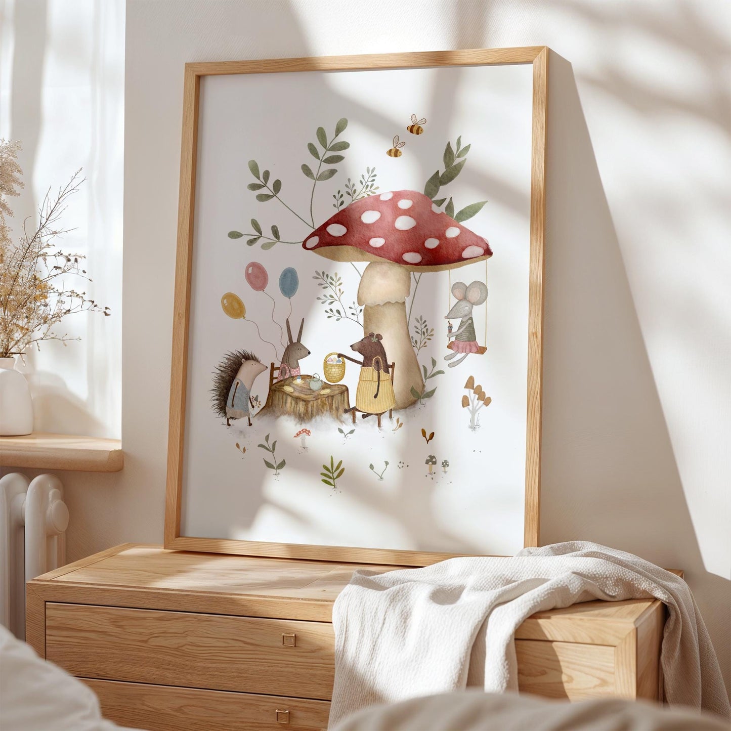 Storybook forest scene poster for kid's bedroom — charming toadstool party with small creatures and soft pastel colors