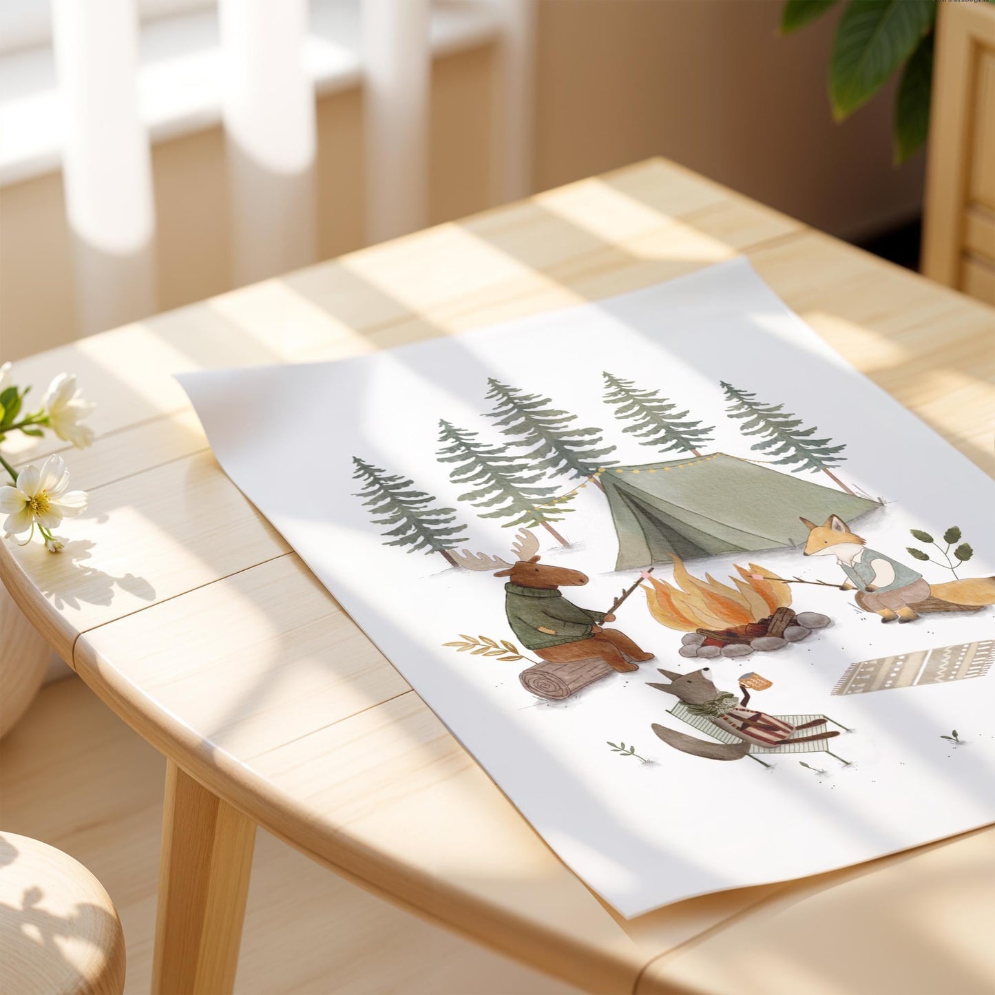 Cozy campsite illustration artwork for nursery — sweet animal friends and tent scene in soft tan and brown nature palette