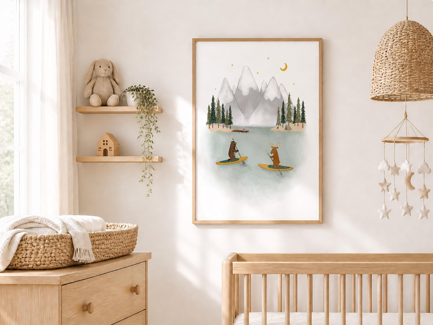 Woodland paddleboard picture for gender-neutral nursery — whimsical lake scene with snow peaks and golden woodland tones