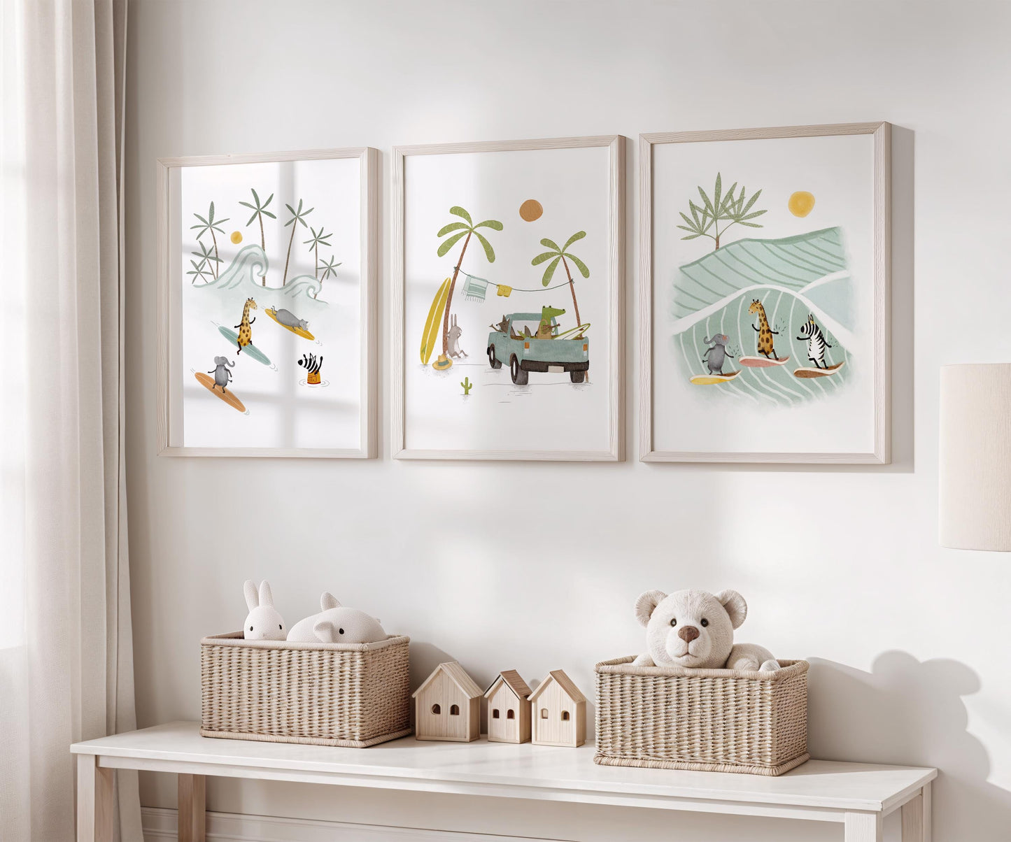 Surfer scene wall art bundle for beach house — playful coastal illustrations in soft, muted colors perfect for a summery vibe.