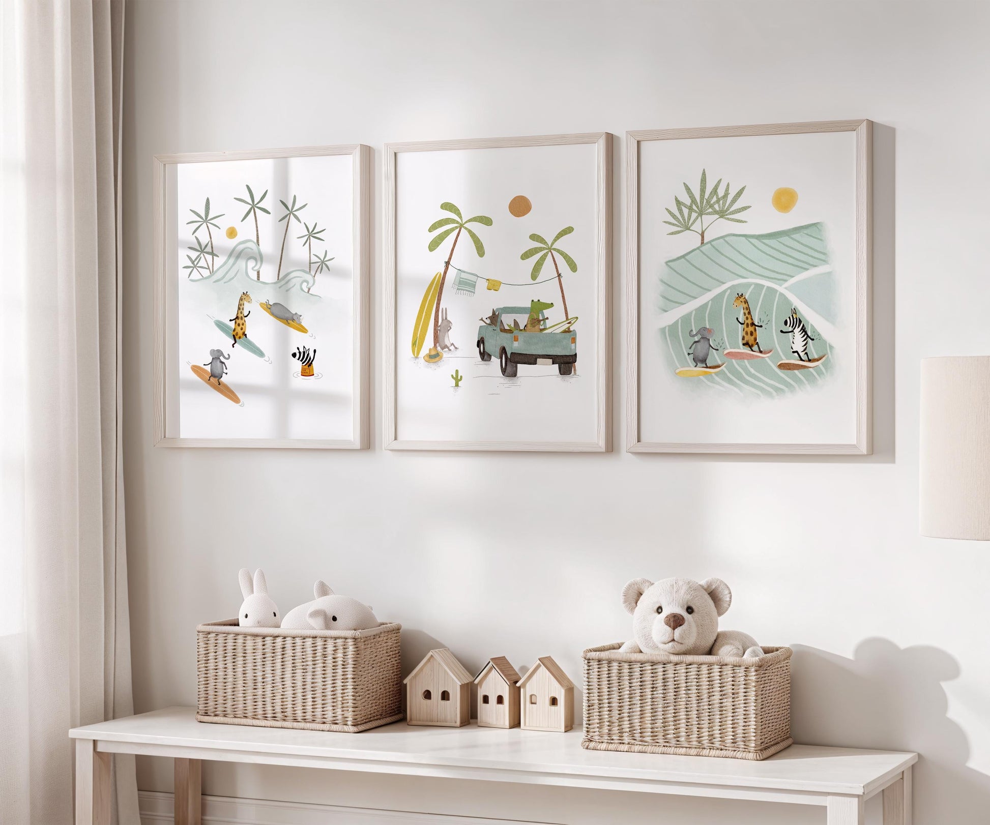 Surfer scene wall art bundle for beach house — playful coastal illustrations in soft, muted colors perfect for a summery vibe.