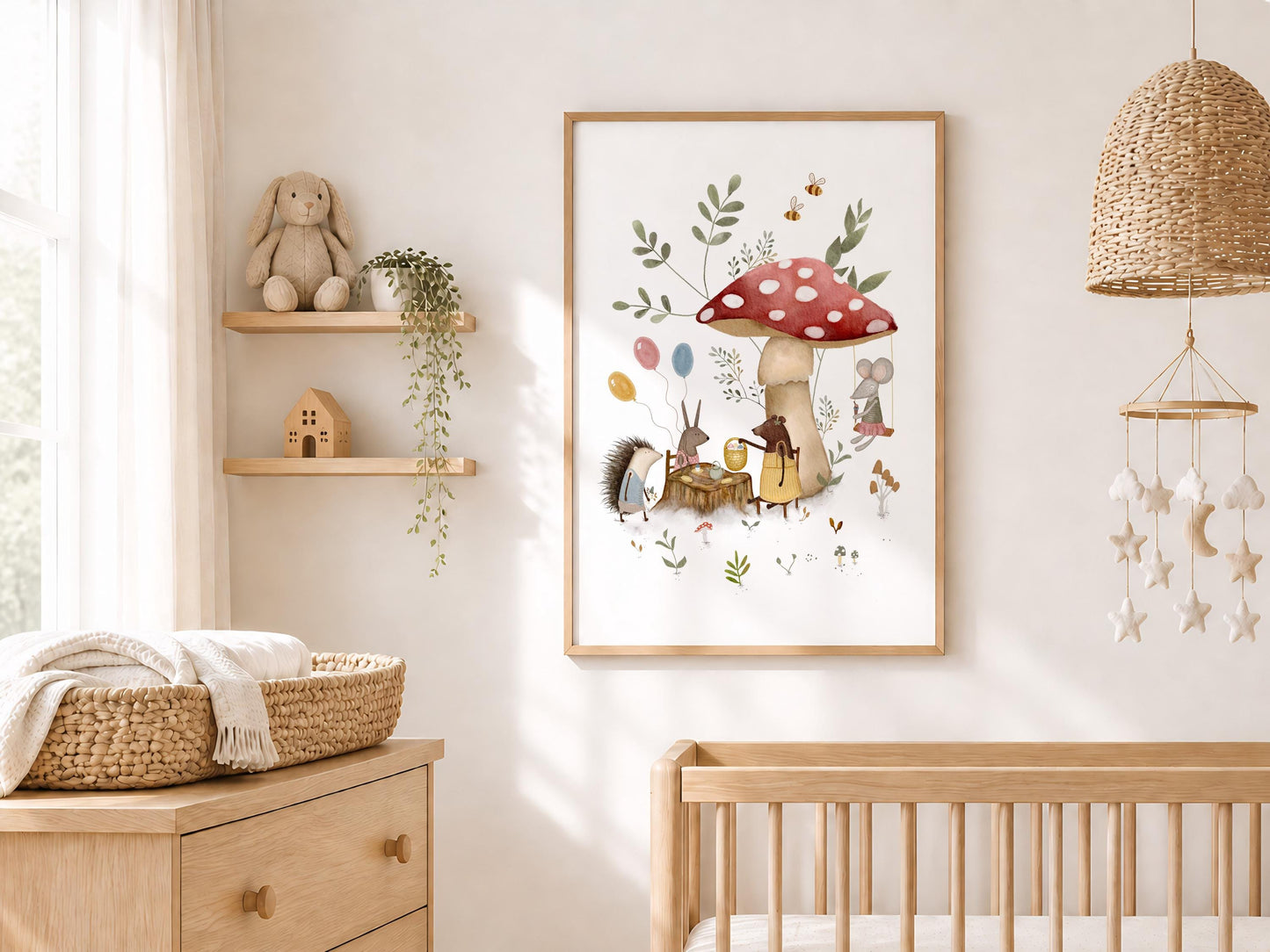 Whimsical woodland celebration gallery wall art for children — enchanting mushroom gathering with botanical elements and muted palette