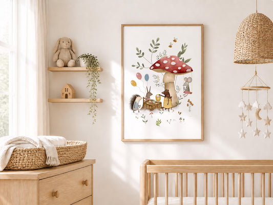 Whimsical woodland celebration gallery wall art for children — enchanting mushroom gathering with botanical elements and muted palette