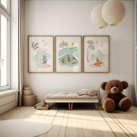 set of three safari animal surf prints for childrens room and framed