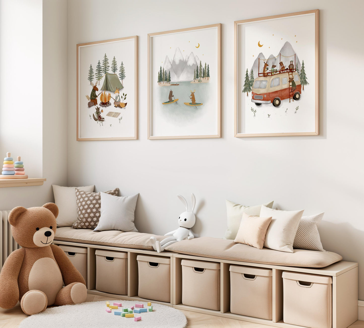 A cozy children's room with a teddy bear sitting on a bench, surrounded by storage bins and framed pictures depicting nature scenes.