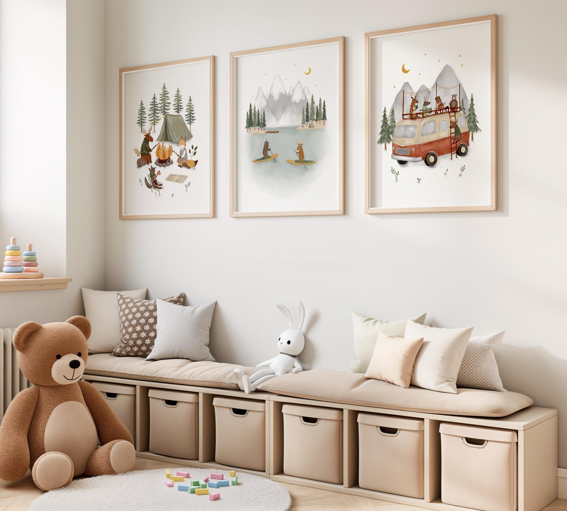 A cozy children's room with a teddy bear sitting on a bench, surrounded by storage bins and framed pictures depicting nature scenes.
