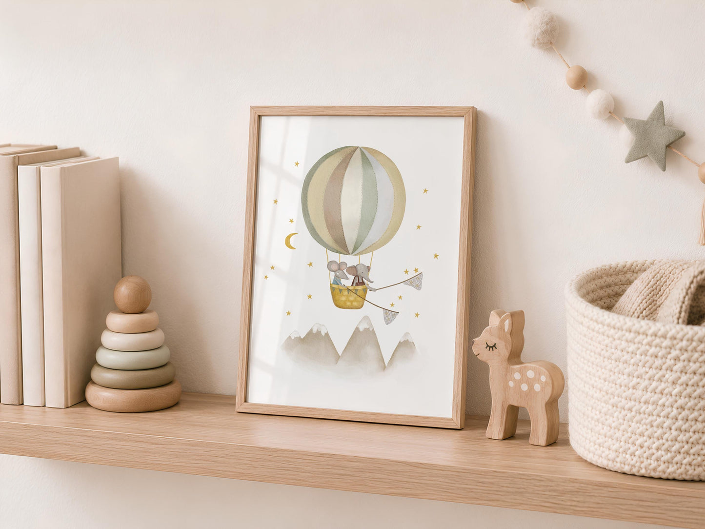 Hot air balloon adventure picture for baby room — adorable cartoon elephant print with gentle watercolor style and neutral colors