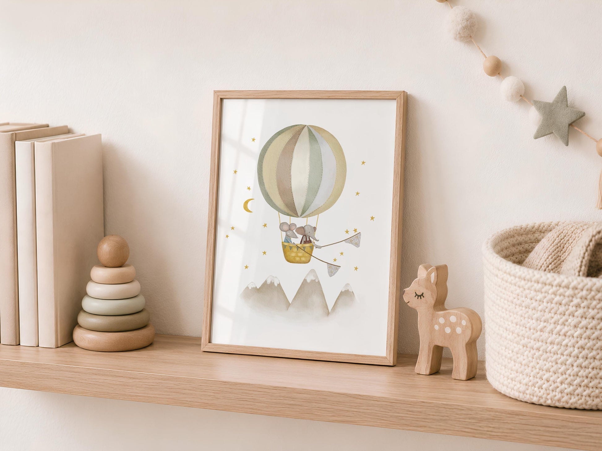 Hot air balloon adventure picture for baby room — adorable cartoon elephant print with gentle watercolor style and neutral colors