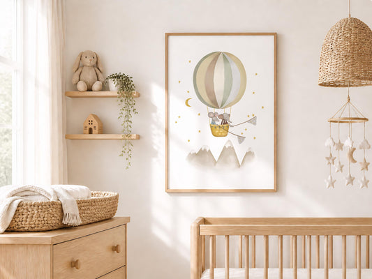 Sweet flying elephant nursery artwork — soft illustration with moon, stars, and mountain landscape in peaceful palette