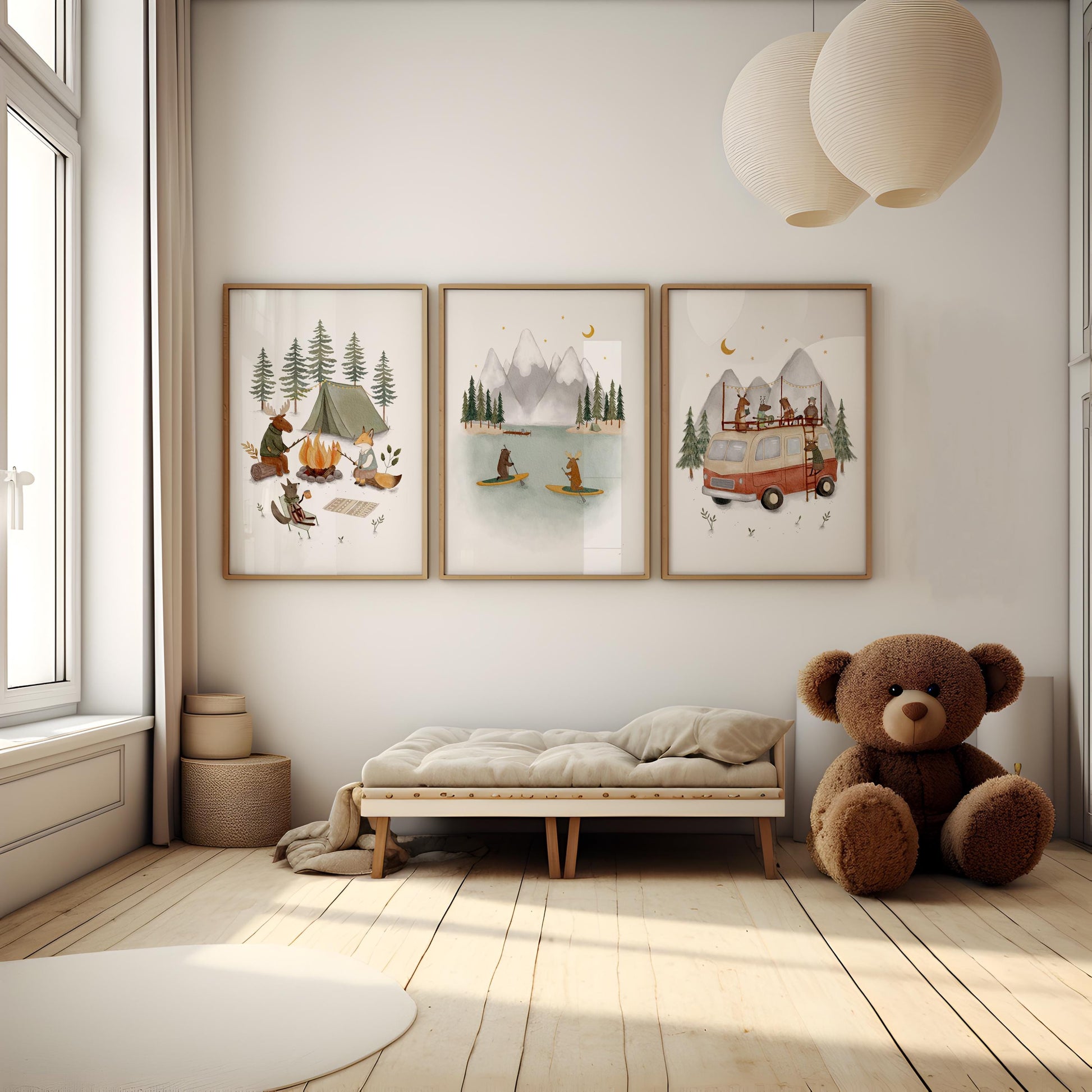A cozy bedroom with a large teddy bear, a wooden bench, and three framed pictures depicting nature scenes on the wall.
