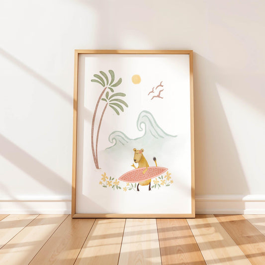Charming nursery art print of a lioness holding a pink surfboard with waves, palm trees, flowers, and a sunny sky in the background.