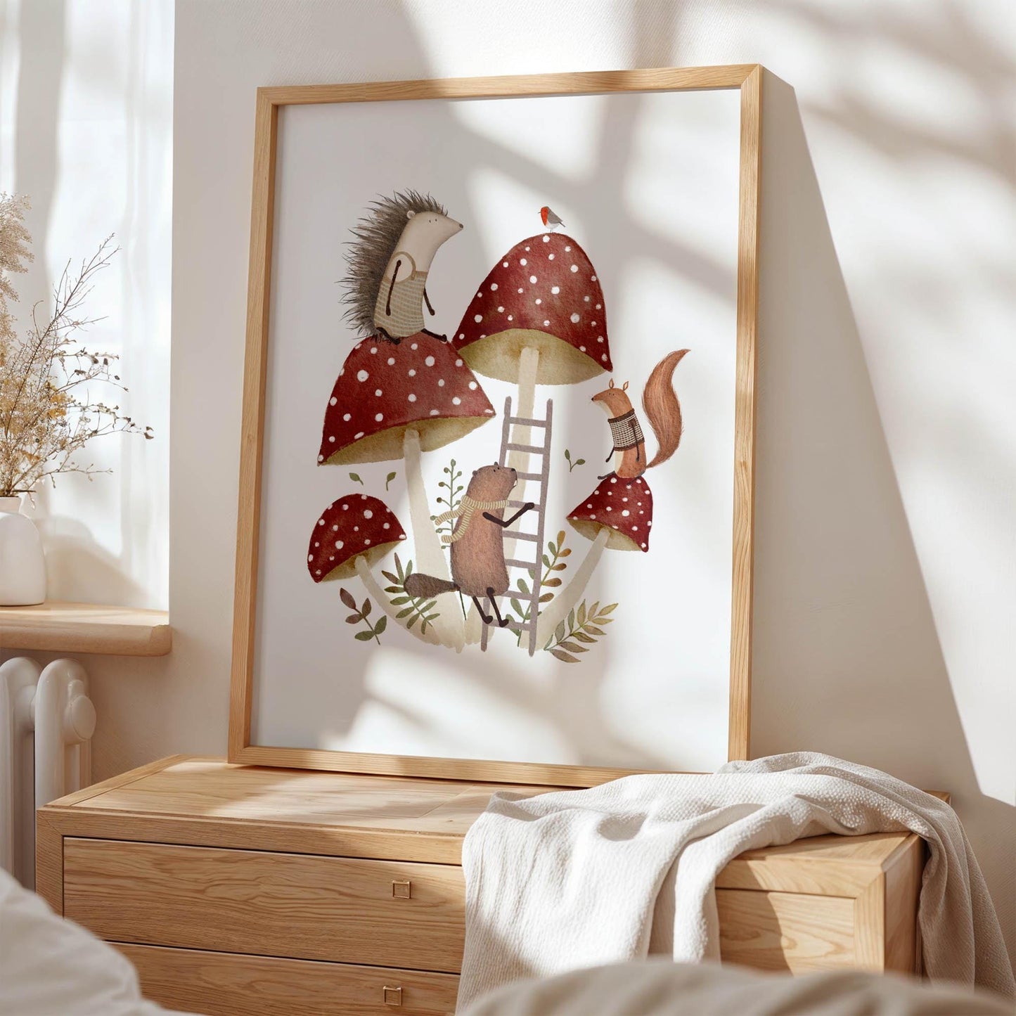 Woodland Nursery Decor - Whimsical Forest Animal Print With Red Toadstool Illustration