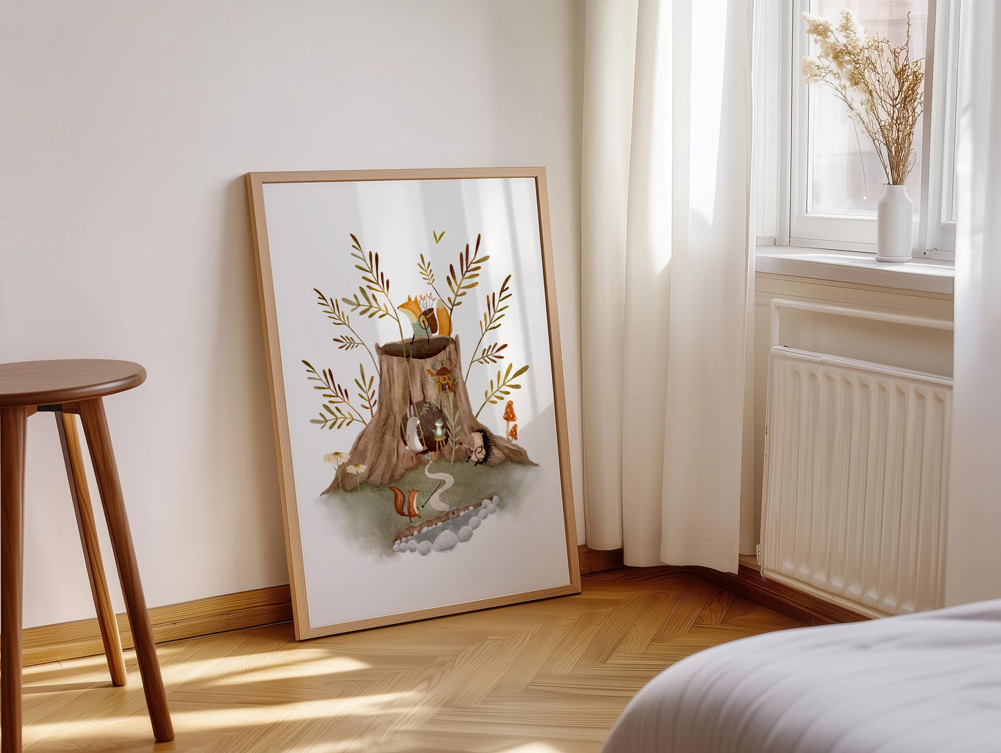 Woodland Nursery Art | Forest Animal Print & Tree Stump Illustration for Kids Room