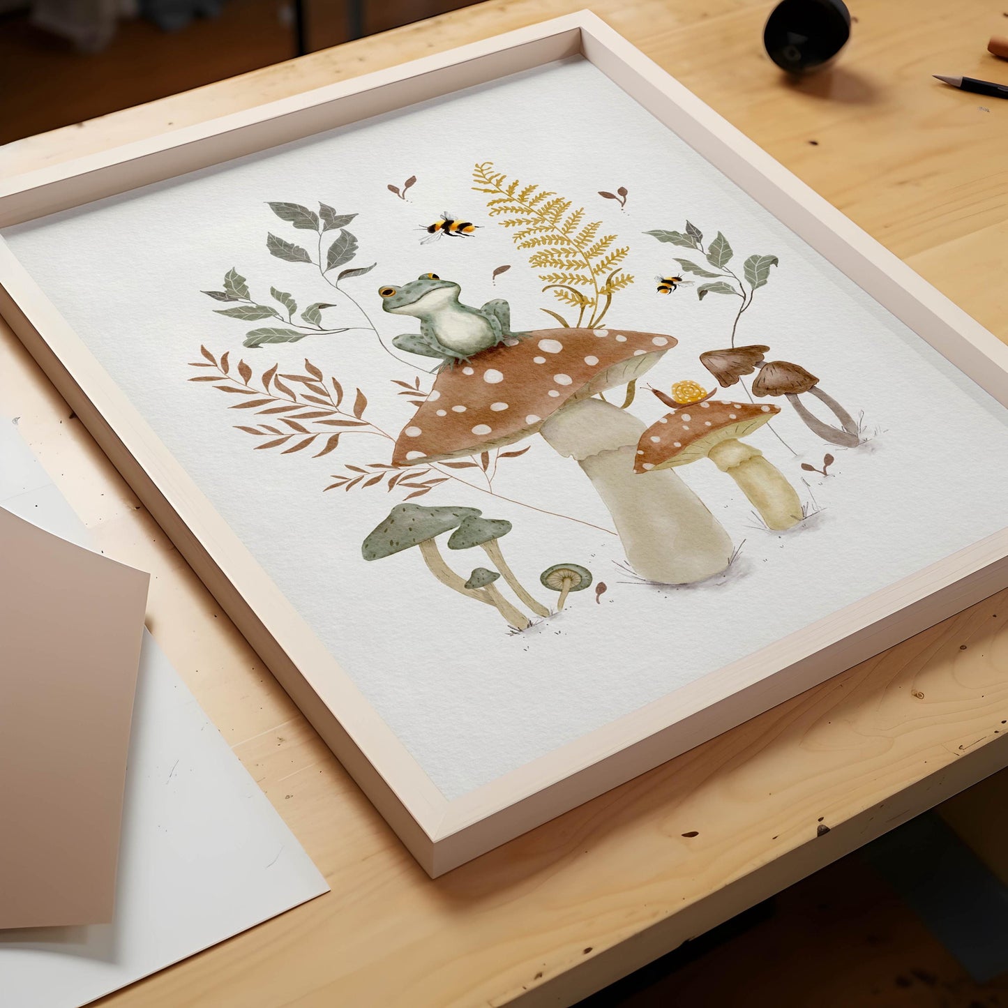 Woodland Frog Art Print – Playful Mushroom & Bees Illustration for Kids Room
