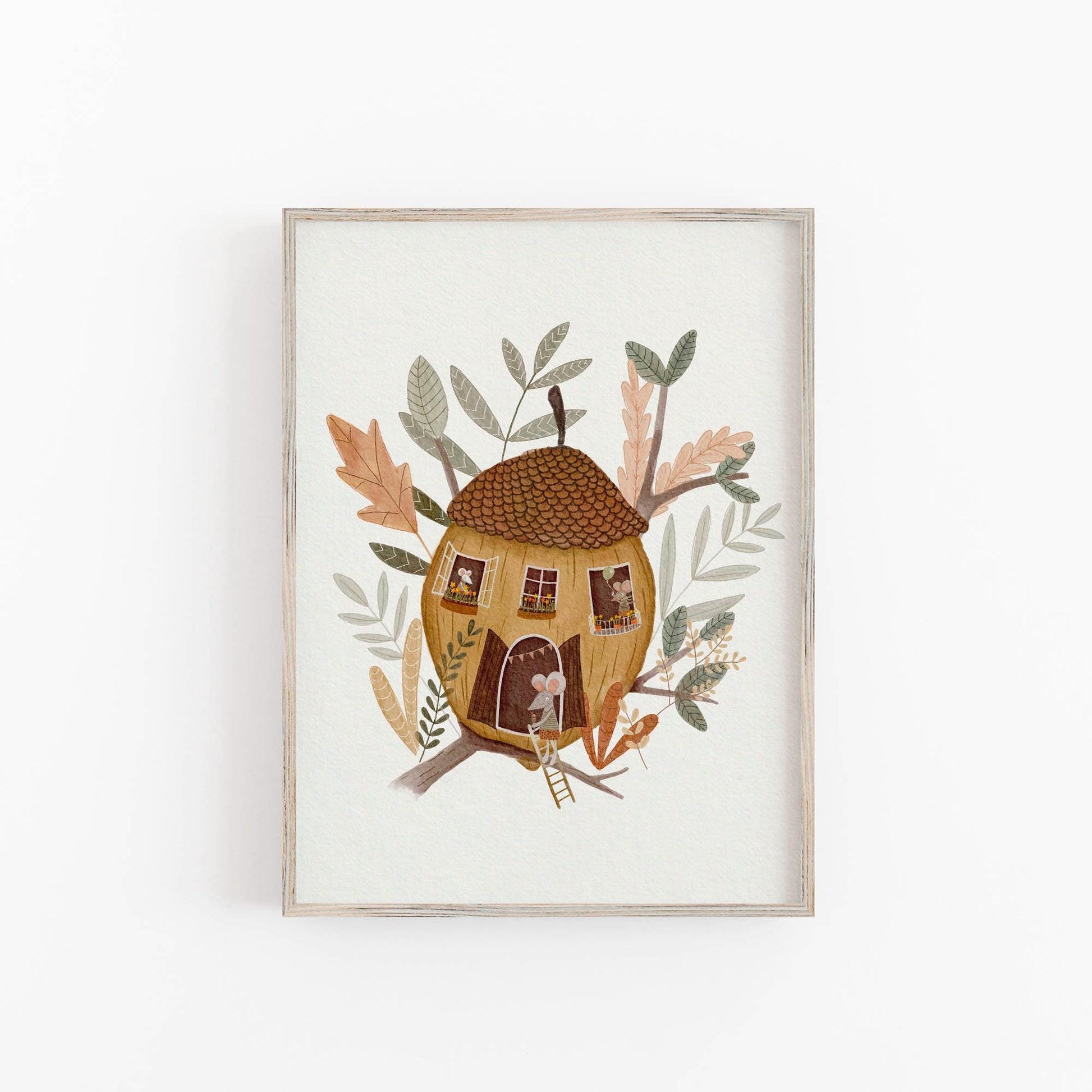 Acorn house with mice art print for children