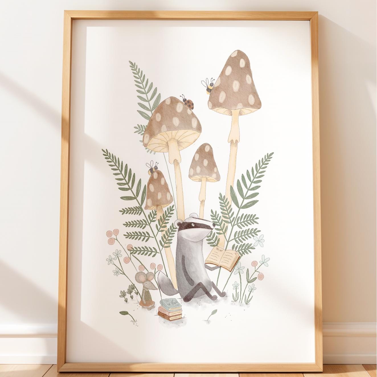 Nursery Art Print – Whimsical Mushroom Art with Cute Badger & Mouse Illustration