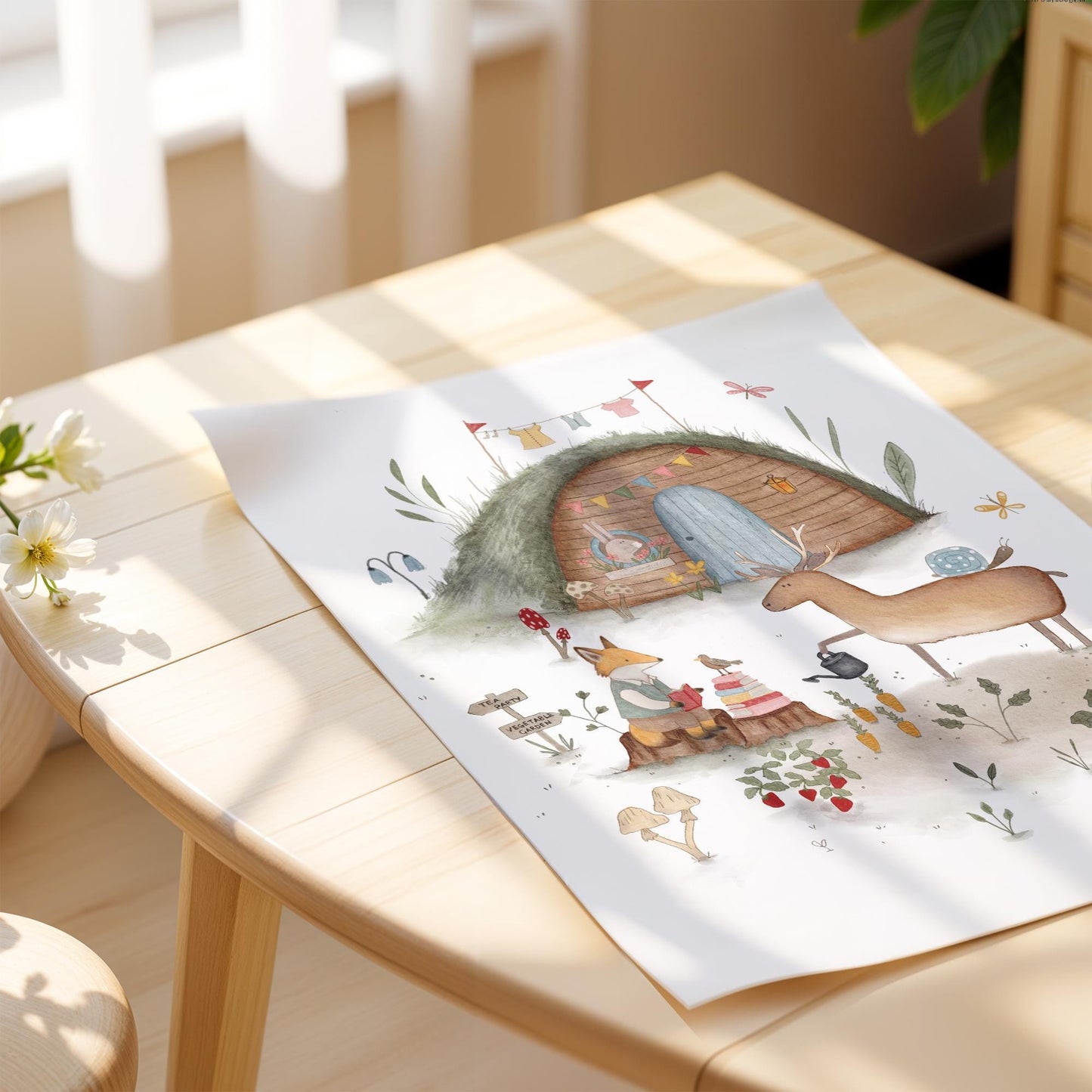 Mole burrow home printable art for nursery — woodland creatures with fox, deer, and bird in soft watercolor illustration