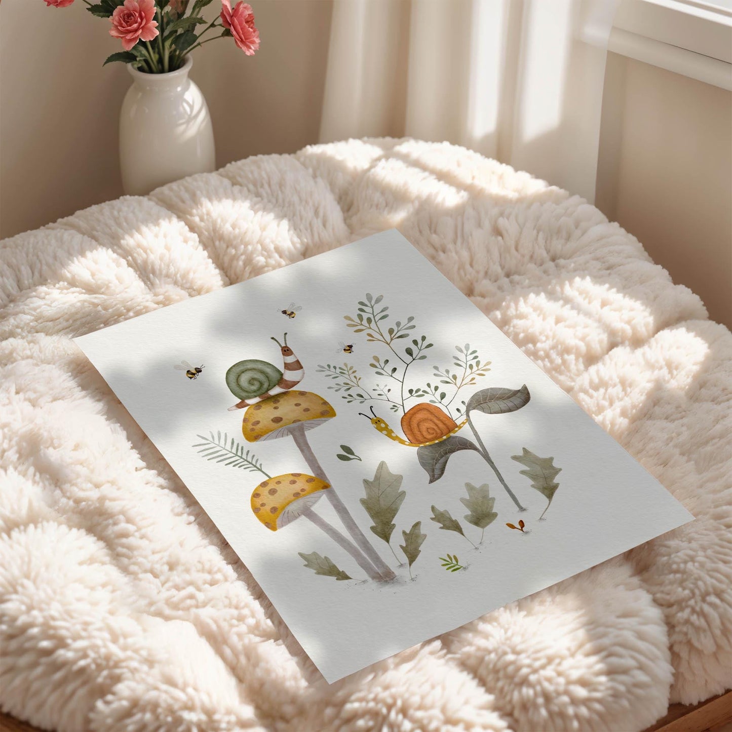 Snail Mushroom Art Print – Woodland Nursery Decor | Whimsical Kids Wall Art