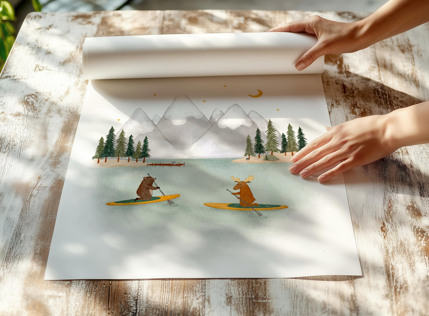 Woodland lake adventure picture for baby room — soft, airy nature art featuring cuddly creatures and starlit woodland setting