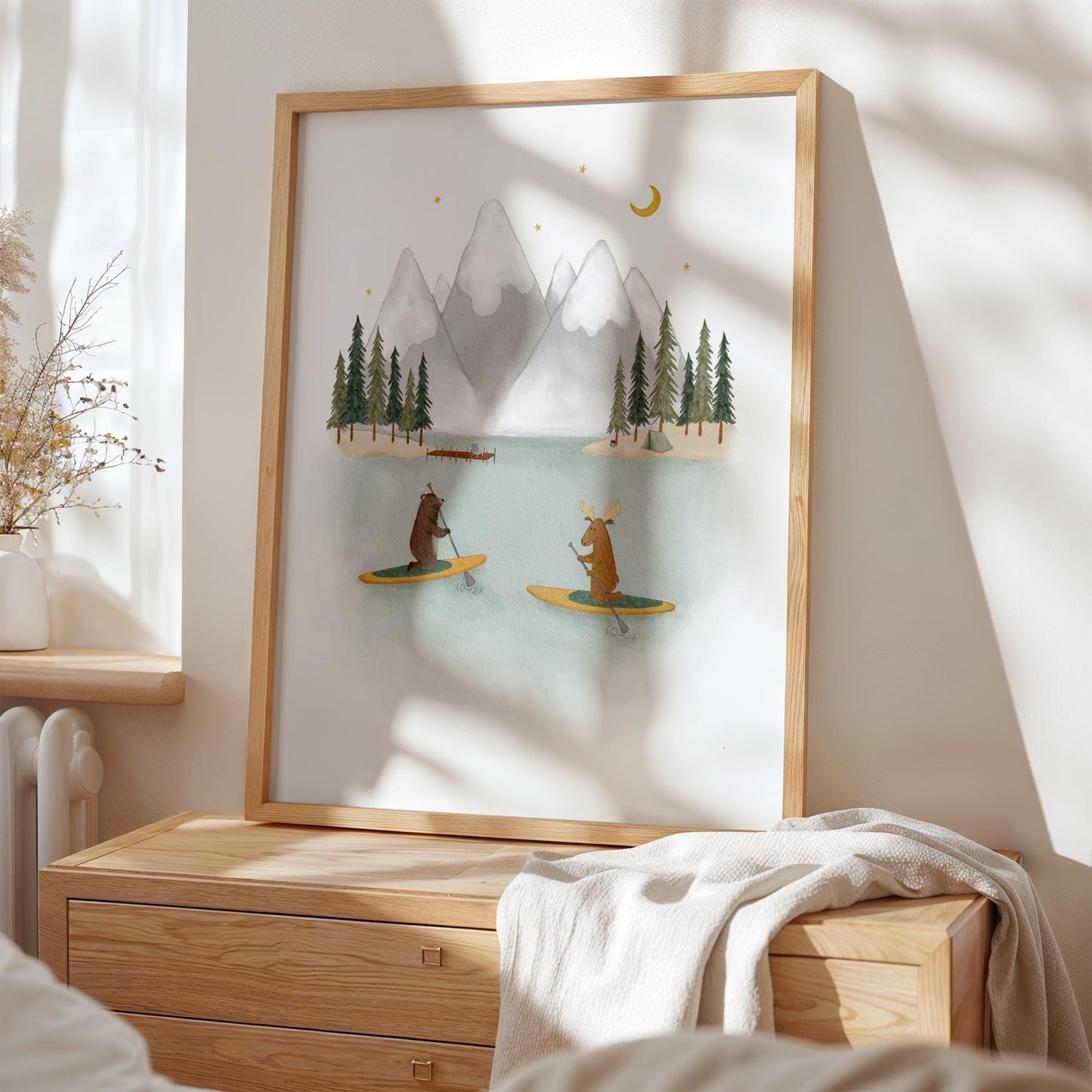 Cute forest creatures boating printable art for kids room — gentle nursery illustration with dreamy stars and pine trees
