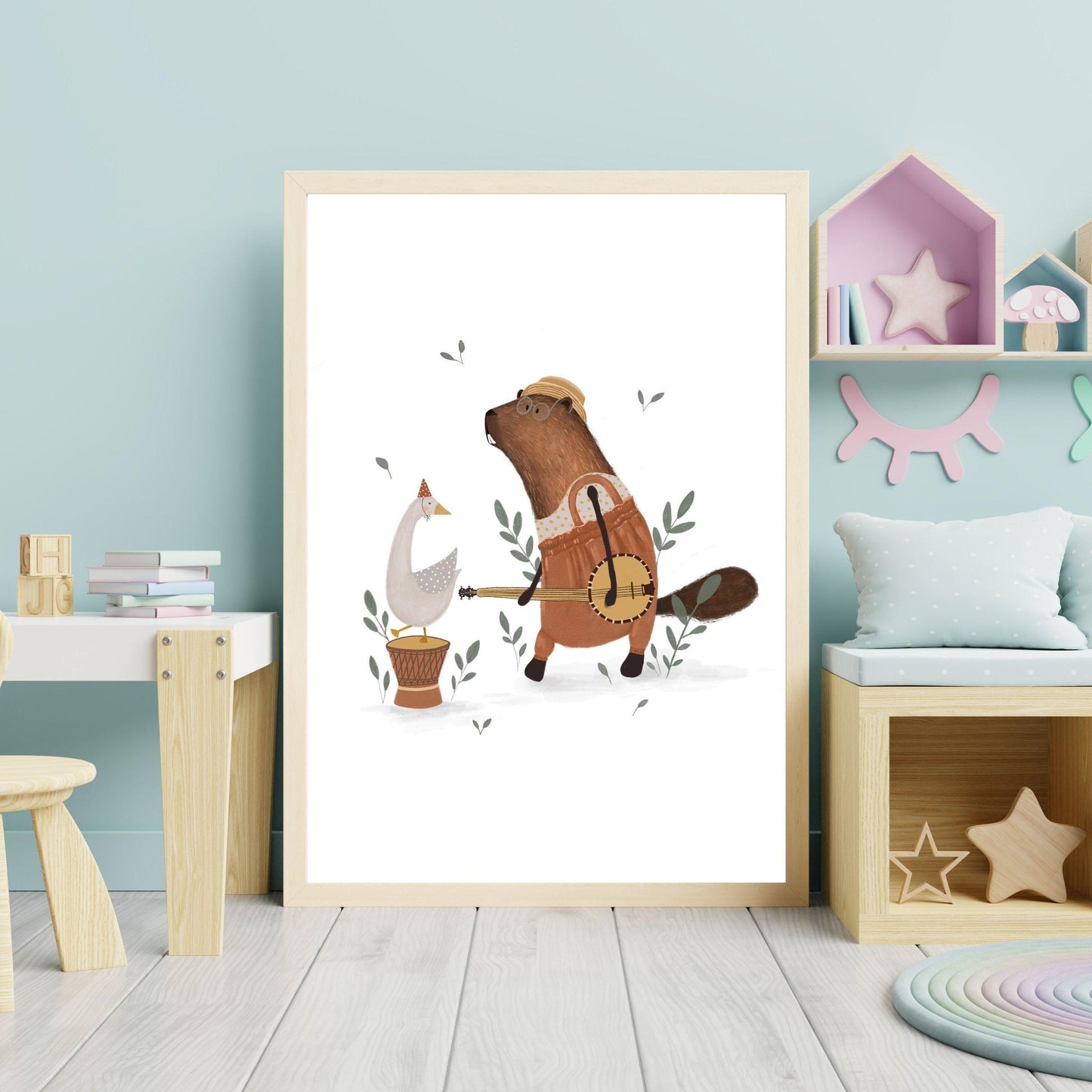 Whimsical Kids Wall Art - Beaver and Goose Musical Animal Poster for Nursery