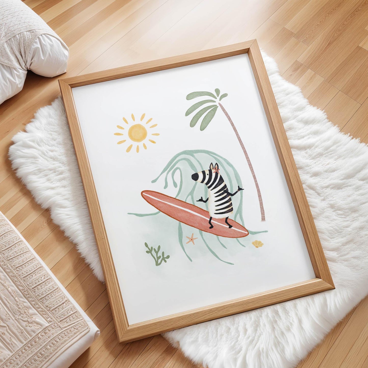 Surfing Zebra Art – Tropical Nursery Decor | Kids Beach Room Wall Print