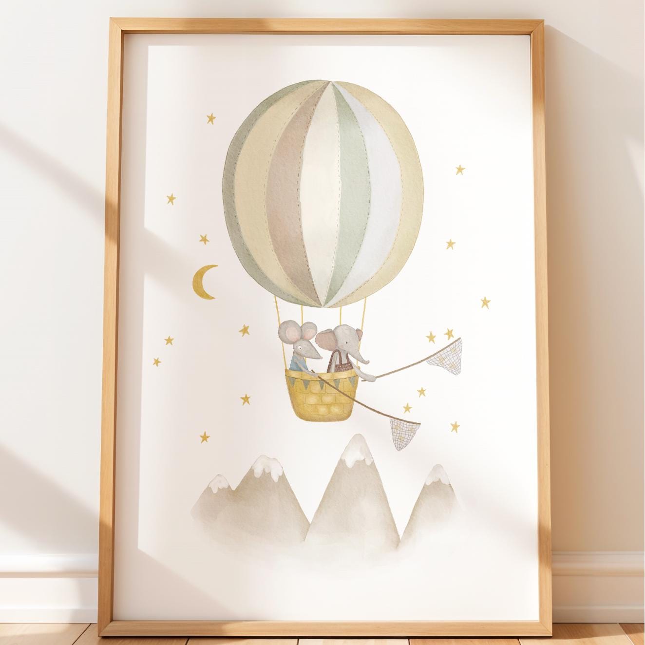 Elephant sky journey artwork for baby's room — soft watercolor nursery decor with striped balloon and snowy peaks
