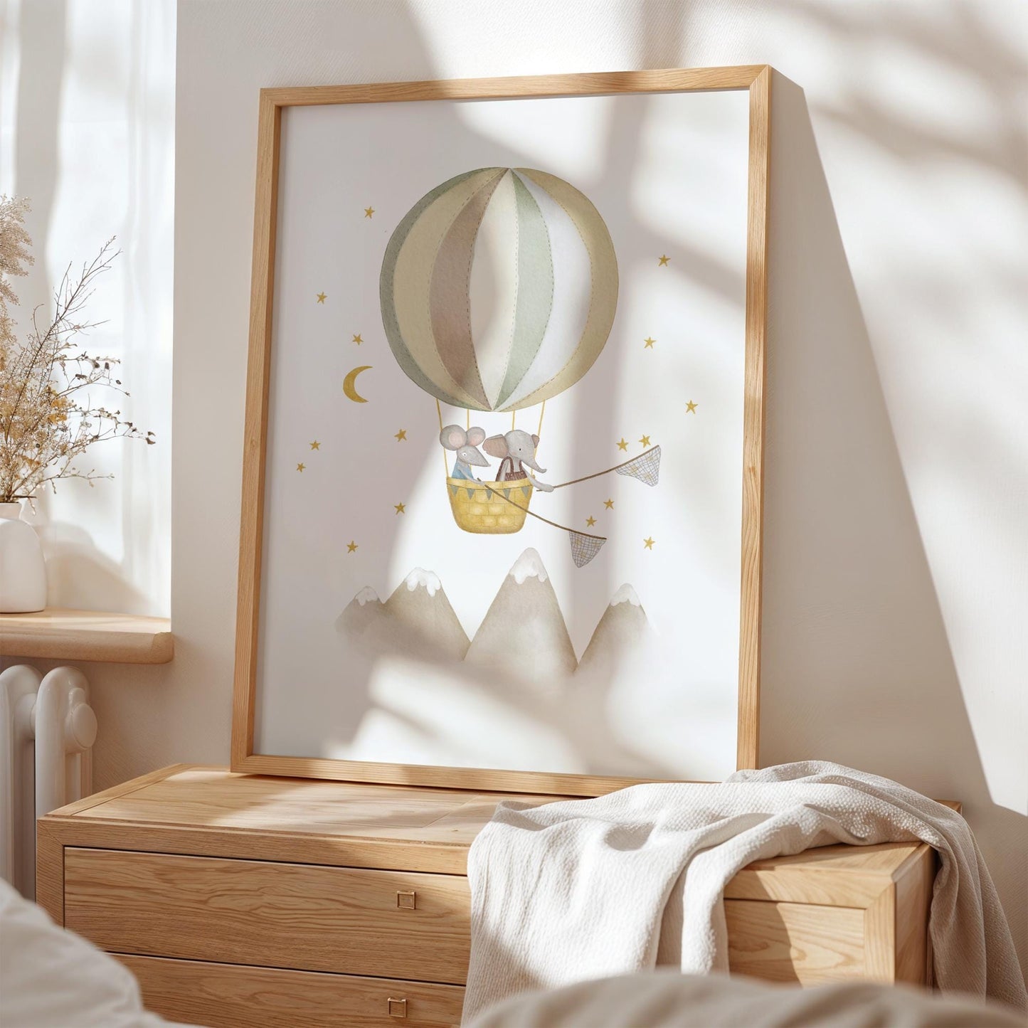 Dreamy hot air balloon with elephant wall print for nursery — tender gender-neutral baby art in muted sage and cream