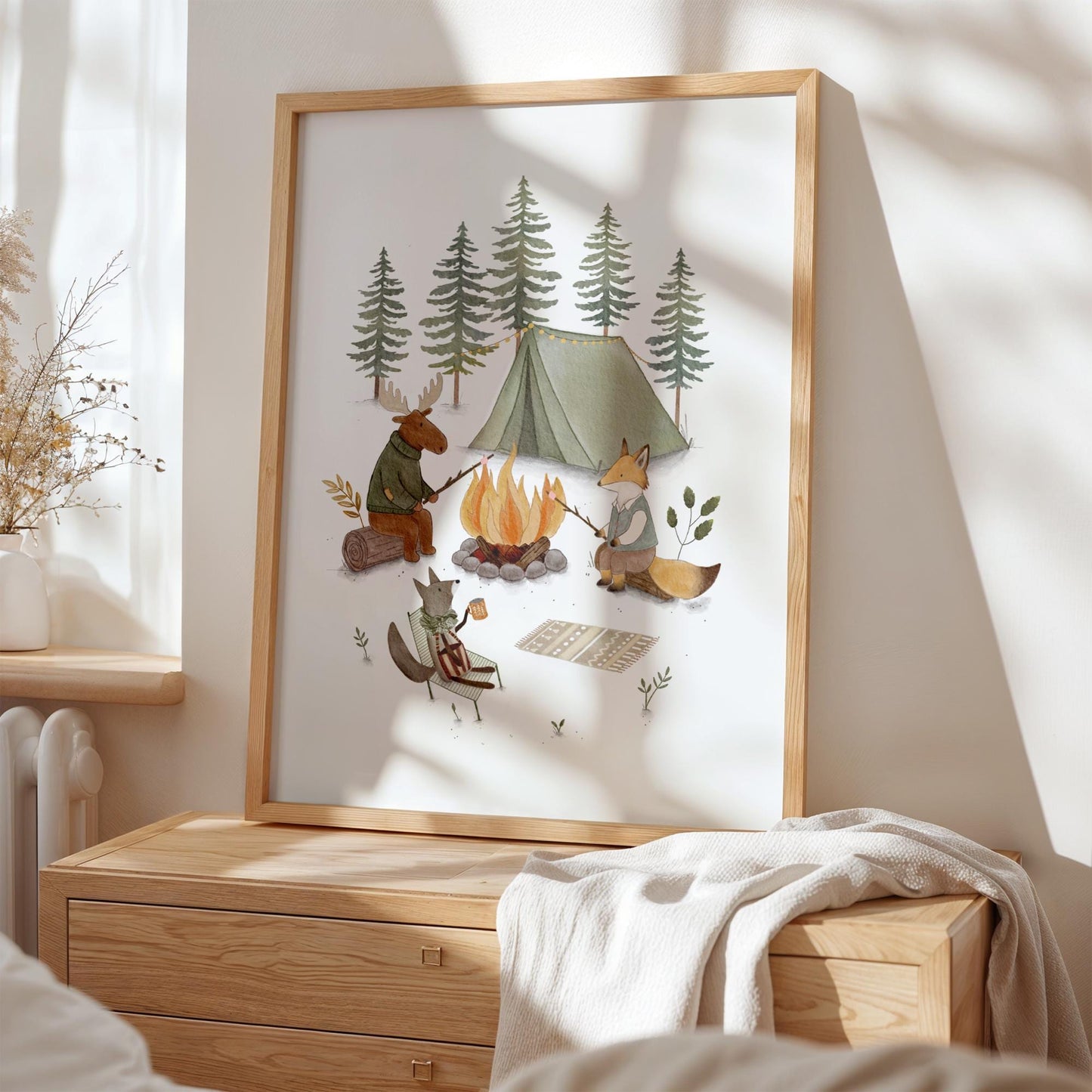 Woodland creature camping wall art for playroom — gentle forest scene featuring moose, fox, squirrel gathered by campfire with trees